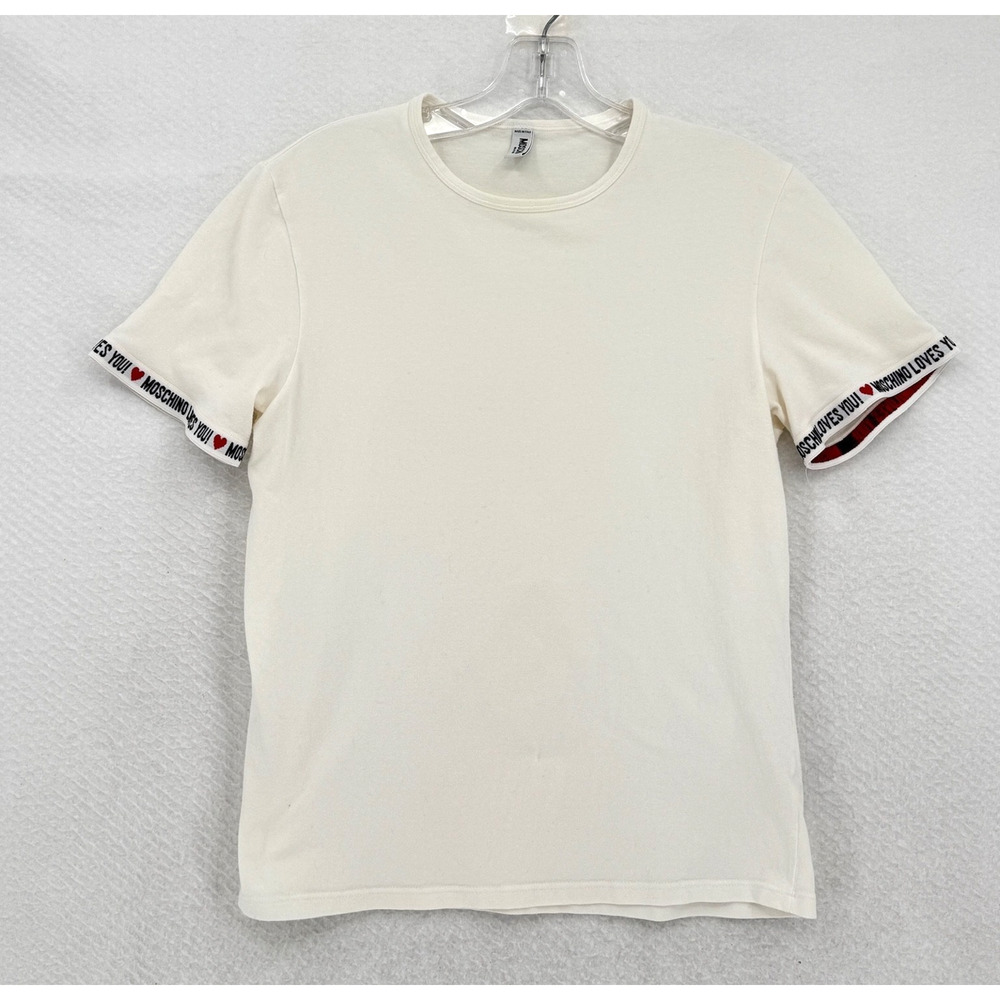 Moschino Mens White Knit Tape Cuff Sleeve Cotton T Shirt Sz M Made in Italy